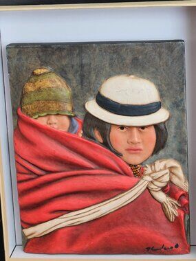 Pablo Cordero Red Mother & Child Sculpture 3D Artist signed S 13.5 x 15.5